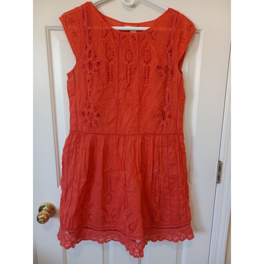 MEADOW RUE Anthro Womens Orange Eyelet Lined Casual Party Resort Peasant Dress 4